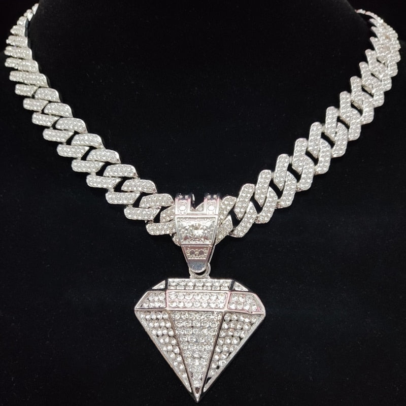 Silver Diamond Design Cuban Chain Necklace