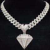 Silver Diamond Design Cuban Chain Necklace