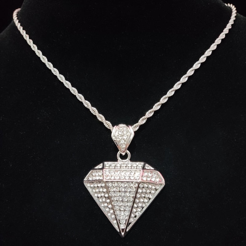 Silver Diamond Design Cuban Chain Necklace