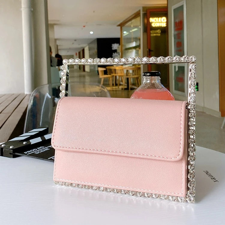 Pink square Diamond Leather Clutch Bag