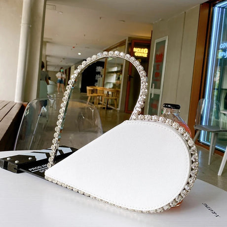 White heart Diamond Leather Clutch Bag