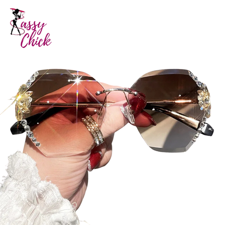 Diamond Slim Crystal Rimless Sunglasses Sassy Chick Logo