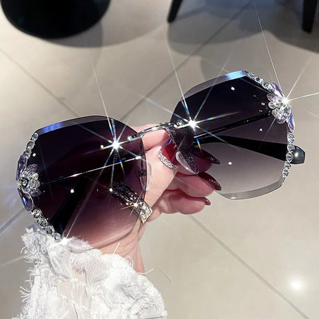 Black Diamond Slim Crystal Rimless Sunglasses
