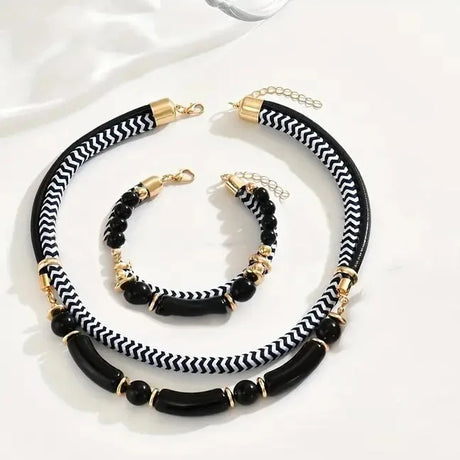 Black Double Line Metal Tube Necklace and Bracelet