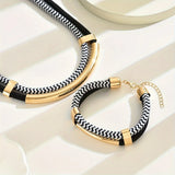 Gold Double Line Metal Tube Necklace and Bracelet