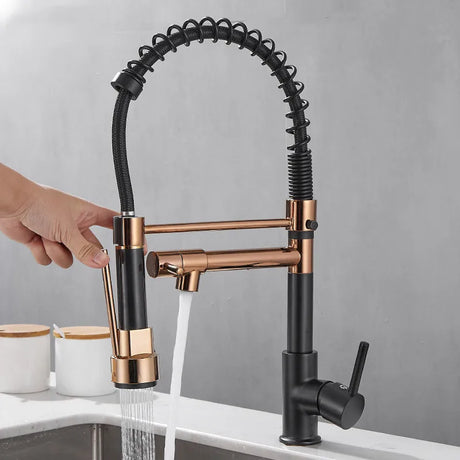 Black spring pull-down kitchen faucet with dual spout and 2-mode spray function