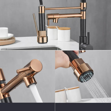Black spring pull-down kitchen faucet with dual spout and 2-mode spray function