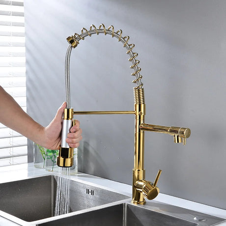 Black spring pull-down kitchen faucet with dual spout and 2-mode spray function