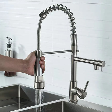 Black spring pull-down kitchen faucet with dual spout and 2-mode spray function