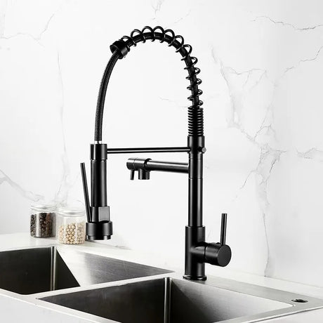 Black spring pull-down kitchen faucet with dual spout and 2-mode spray function