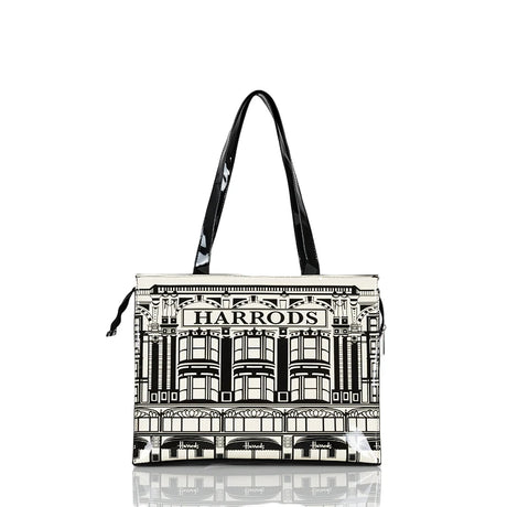 white bag black strap, mansion wall printed design
