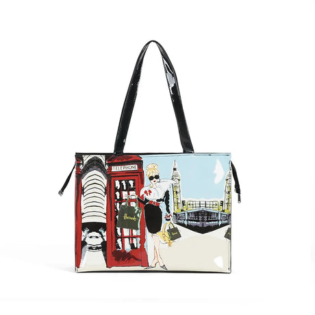 phone booth woman printed design black eco friendly tote bag