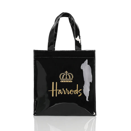 gold harrod printed design black eco friendly tote bag