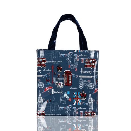 blue bag black strap tote bag