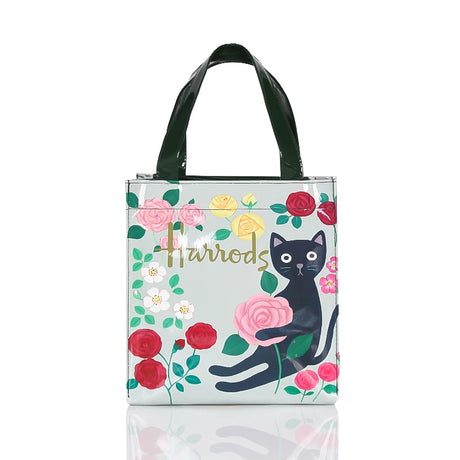 roses and cat print design grey black strap tote bag