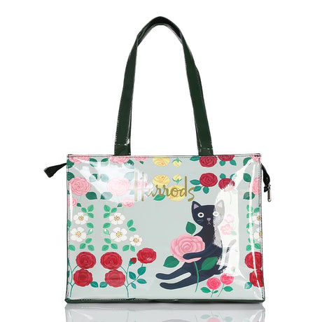 roses and cat print design tote bag