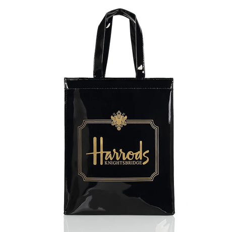 gold harrods print design black tote bag