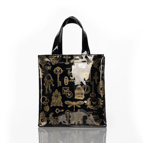 gold print design black tote bag