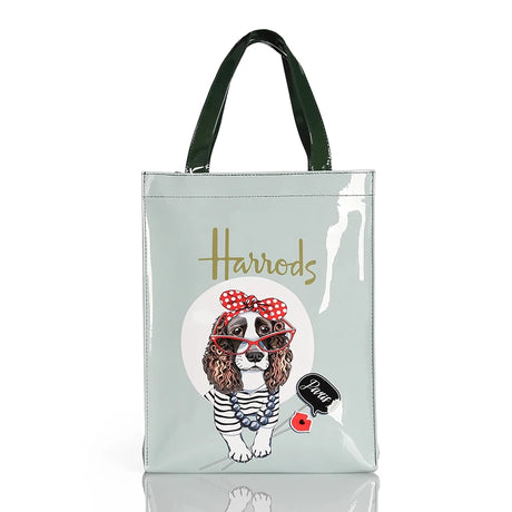 gray bag with black strap, dog printed design name harrods eco friendly tote bag