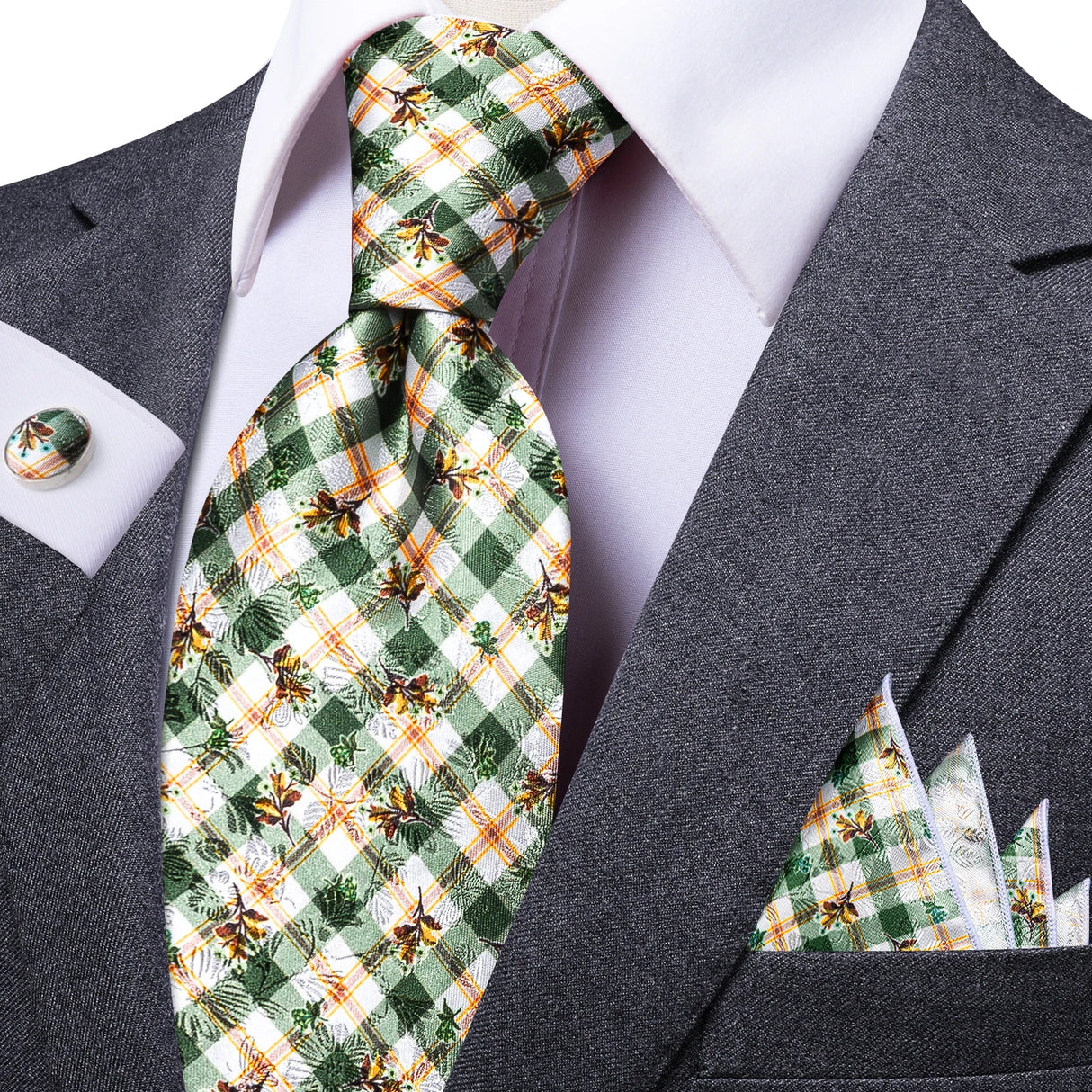 Green Elegant 8.5cm Men's Handkerchief Cufflinks Tie Set