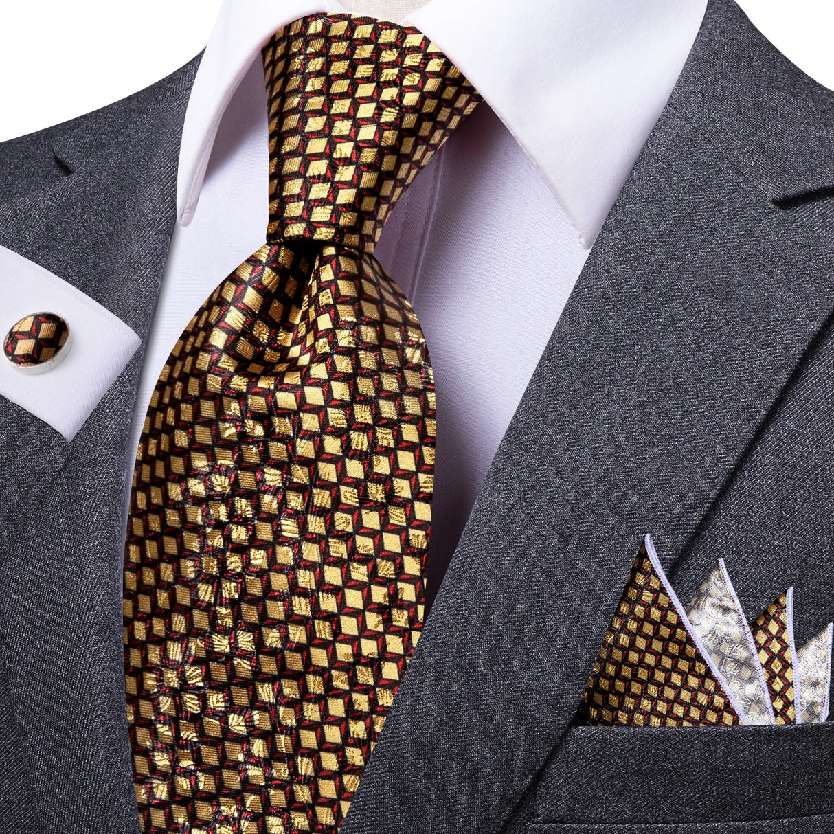 Gold Elegant 8.5cm Men's Handkerchief Cufflinks Tie Set