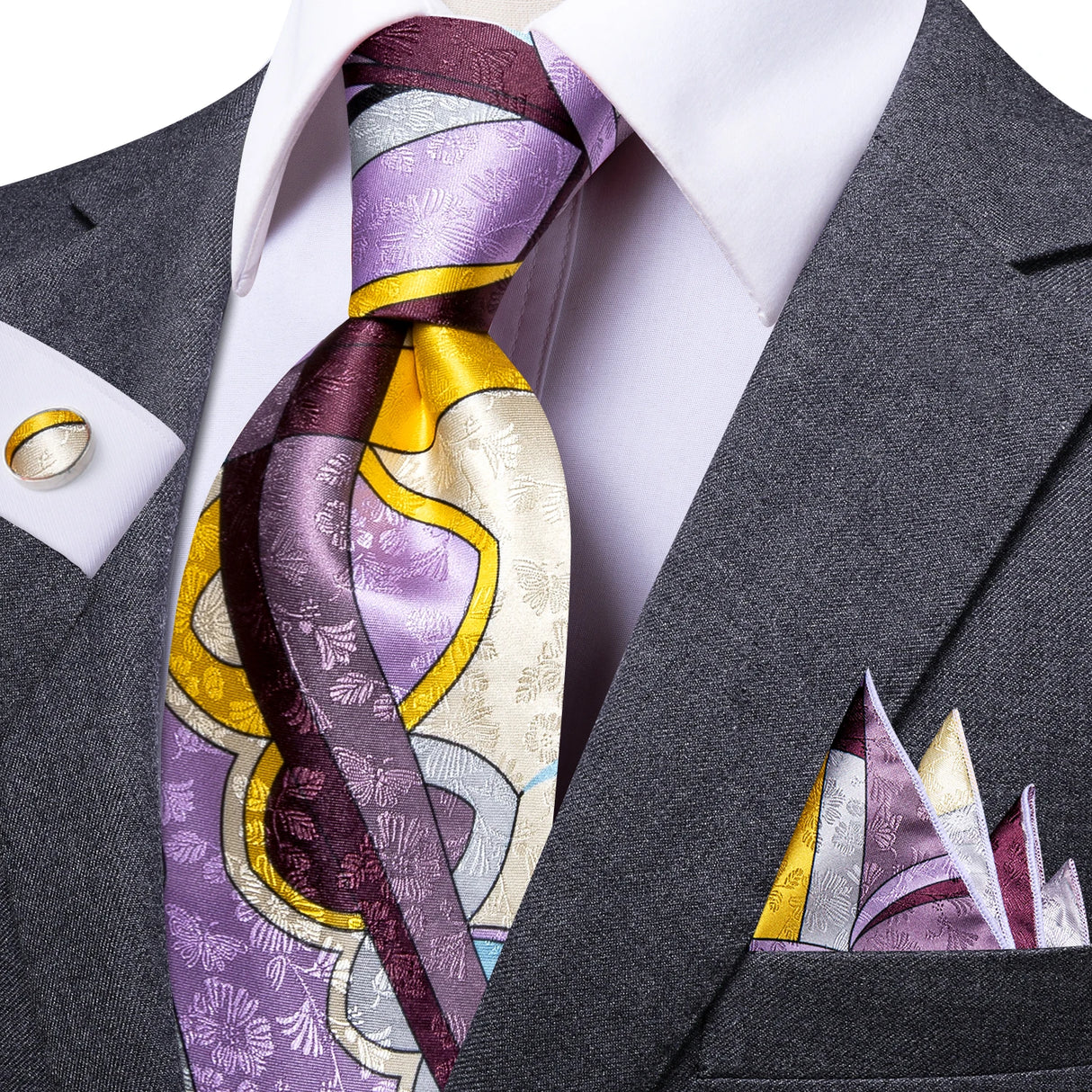 Purple Elegant 8.5cm Men's Handkerchief Cufflinks Tie Set