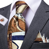 Brown Elegant 8.5cm Men's Handkerchief Cufflinks Tie Set