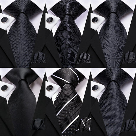 Collection of Elegant Black Silk Hanky Cufflink Tie