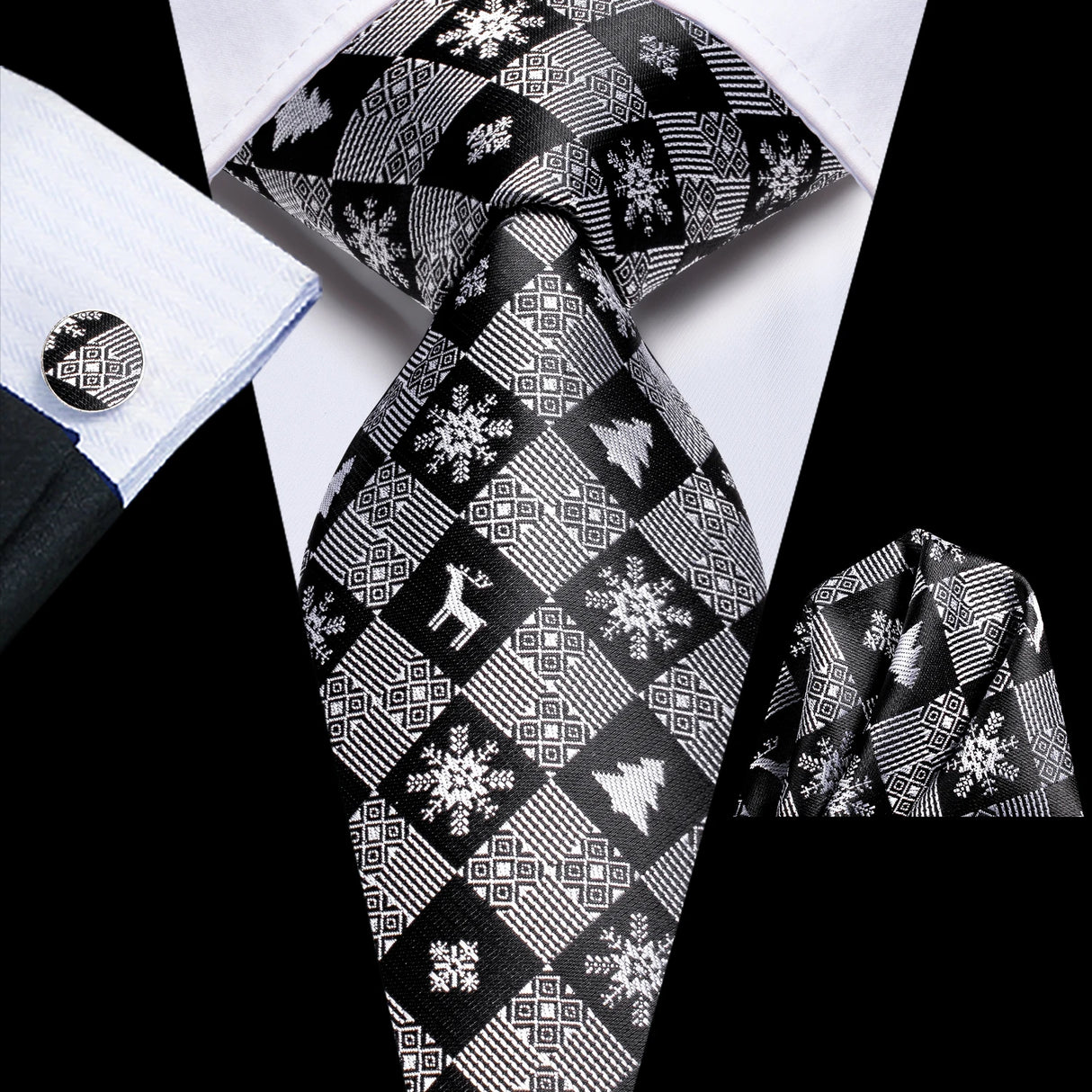 Elegant Black Silk Hanky Cufflink Tie