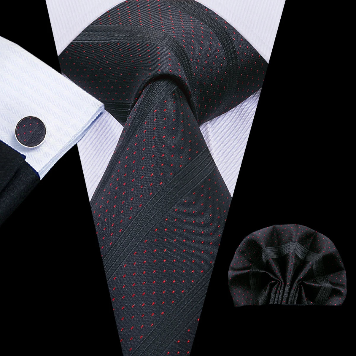 Elegant Black Silk Hanky Cufflink Tie