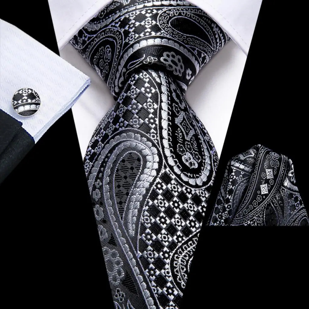 Elegant Black Silk Hanky Cufflink Tie