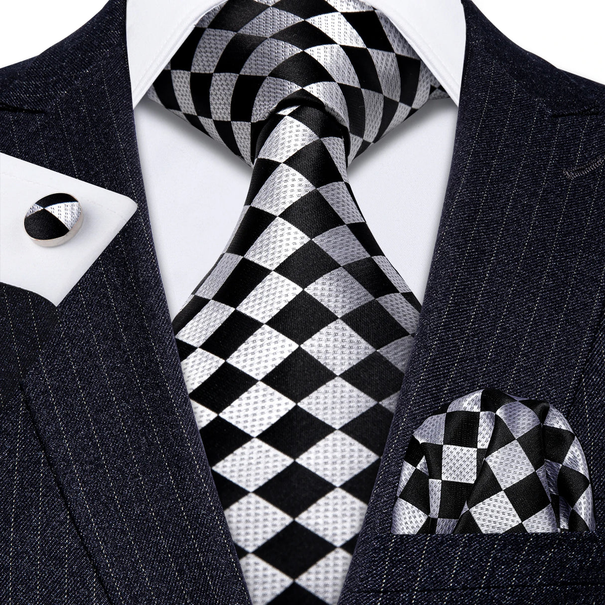 Elegant Black Silk Hanky Cufflink Tie