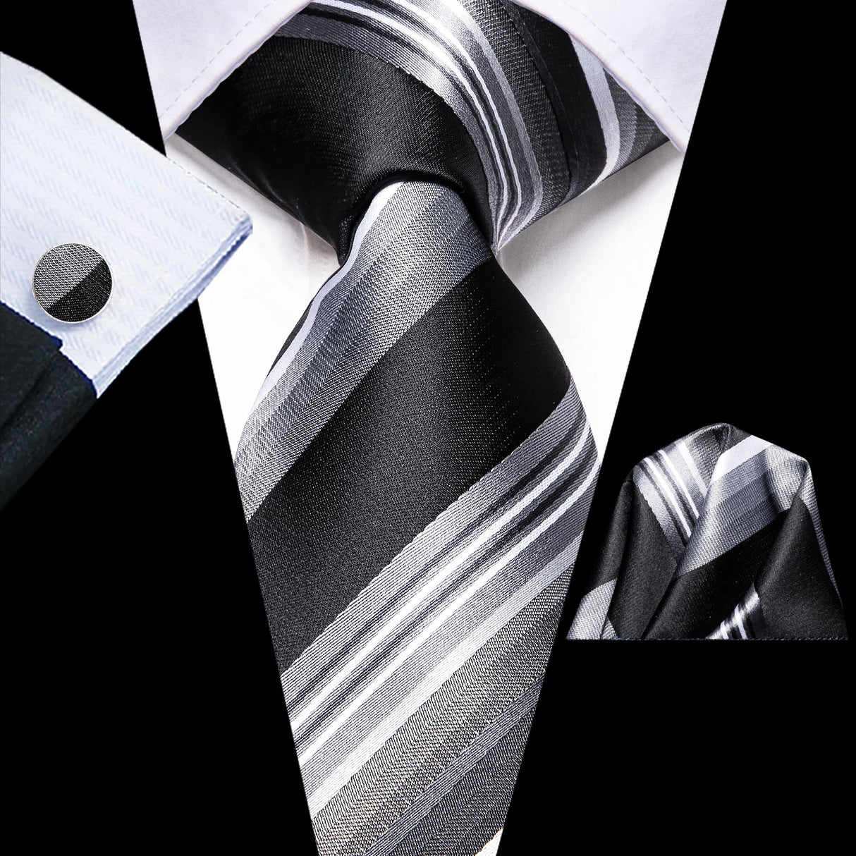 Elegant Black Silk Hanky Cufflink Tie