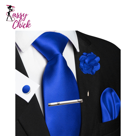 Elegant Blue Solid Hanky Cufflink Brooch Tie For Men Sassy Chick Logo
