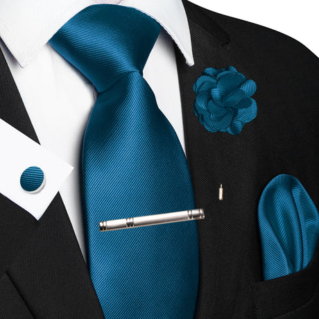 Elegant Blue Solid Hanky Cufflink Brooch Tie For Men