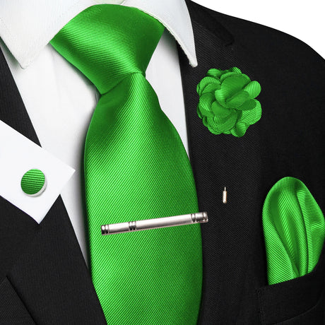 Elegant Green Solid Hanky Cufflink Brooch Tie For Men