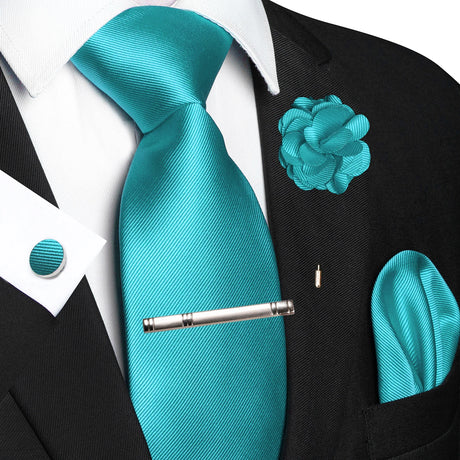 Elegant Blue Solid Hanky Cufflink Brooch Tie For Men