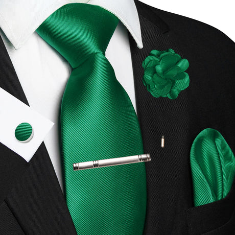 Elegant Green Solid Hanky Cufflink Brooch Tie For Men