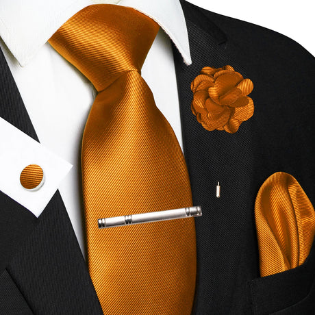 Elegant Orange Solid Hanky Cufflink Brooch Tie For Men