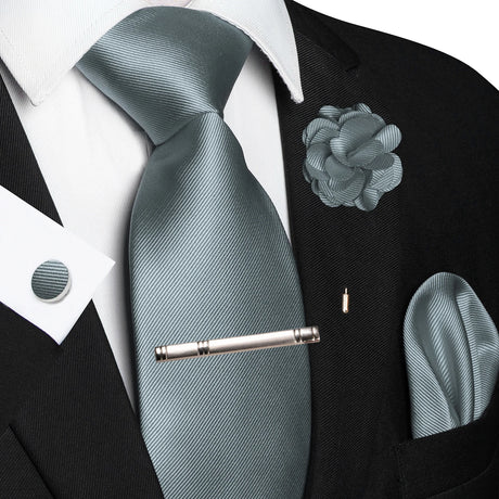 Elegant Gray Solid Hanky Cufflink Brooch Tie For Men