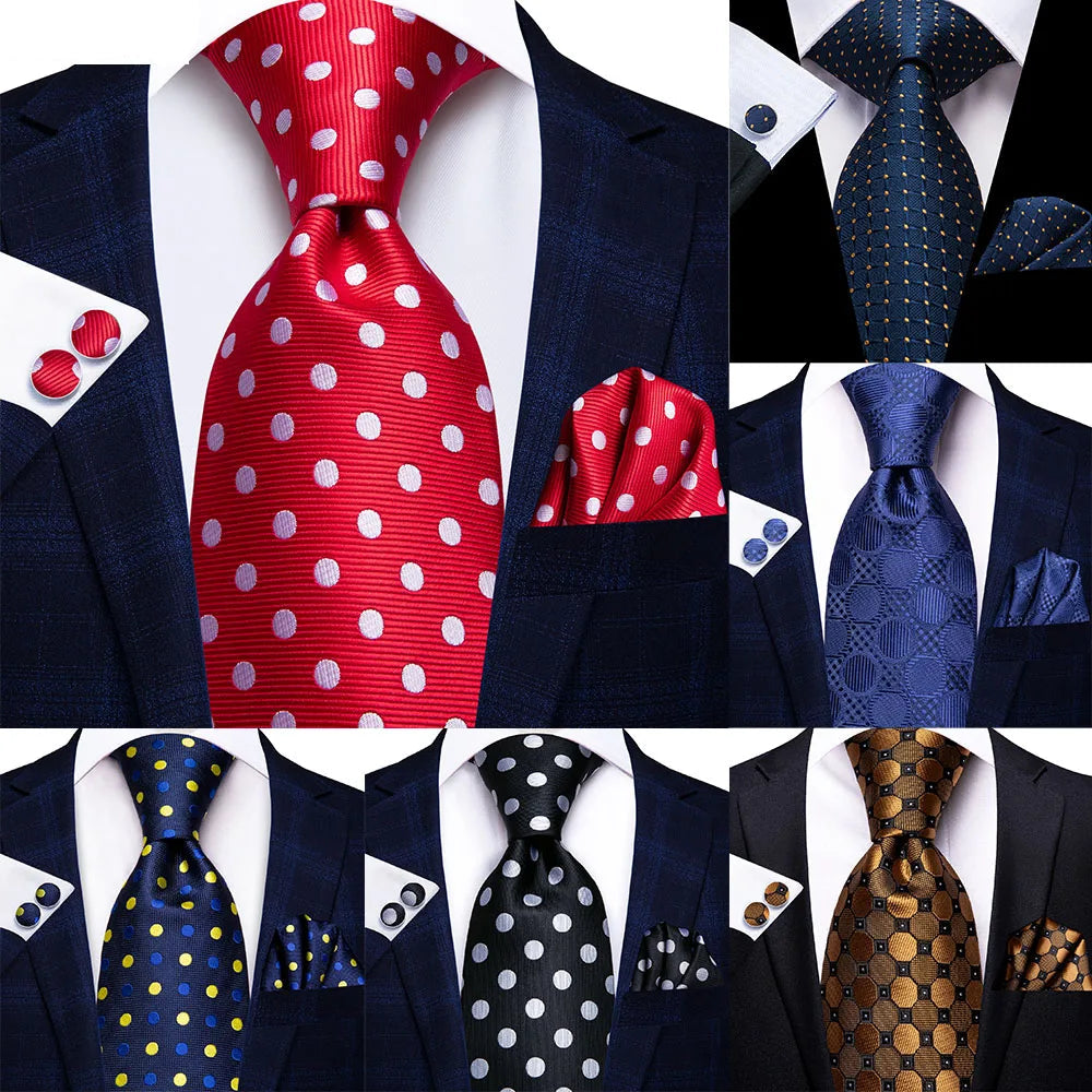 Collection of Elegant Dot Hanky Cufflink Silk Necktie