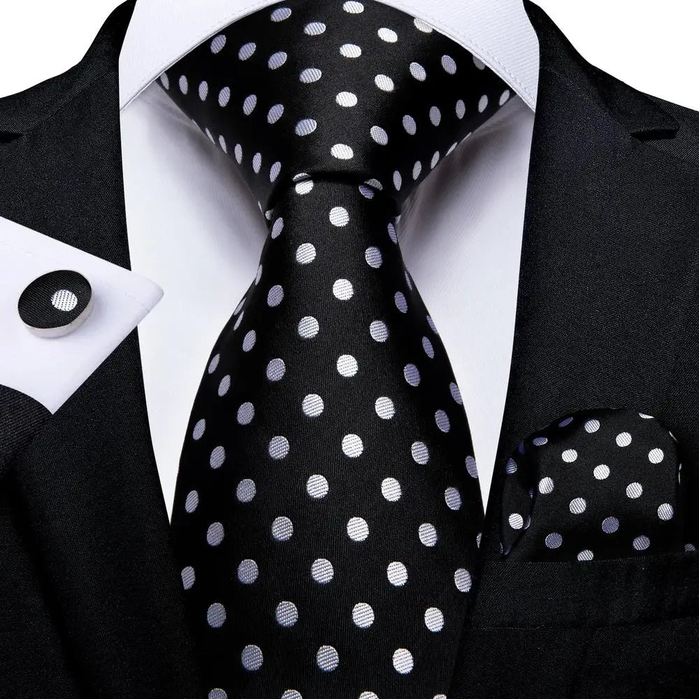 Black Elegant Dot Hanky Cufflink Silk Necktie