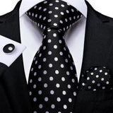 Black Elegant Dot Hanky Cufflink Silk Necktie