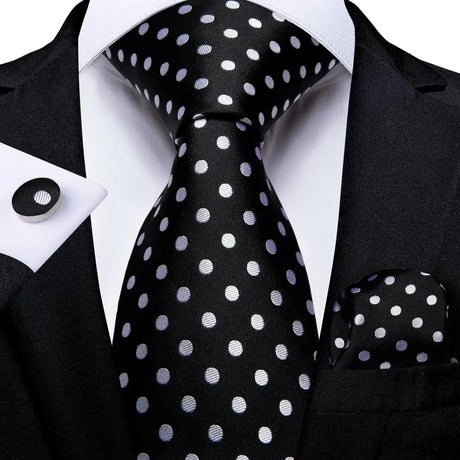 Black Elegant Dot Hanky Cufflink Silk Necktie