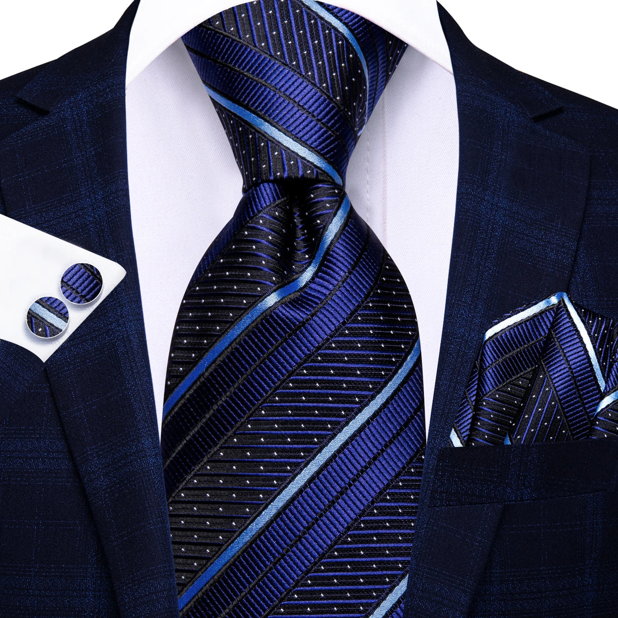 Blue Elegant Dot Hanky Cufflink Silk Necktie