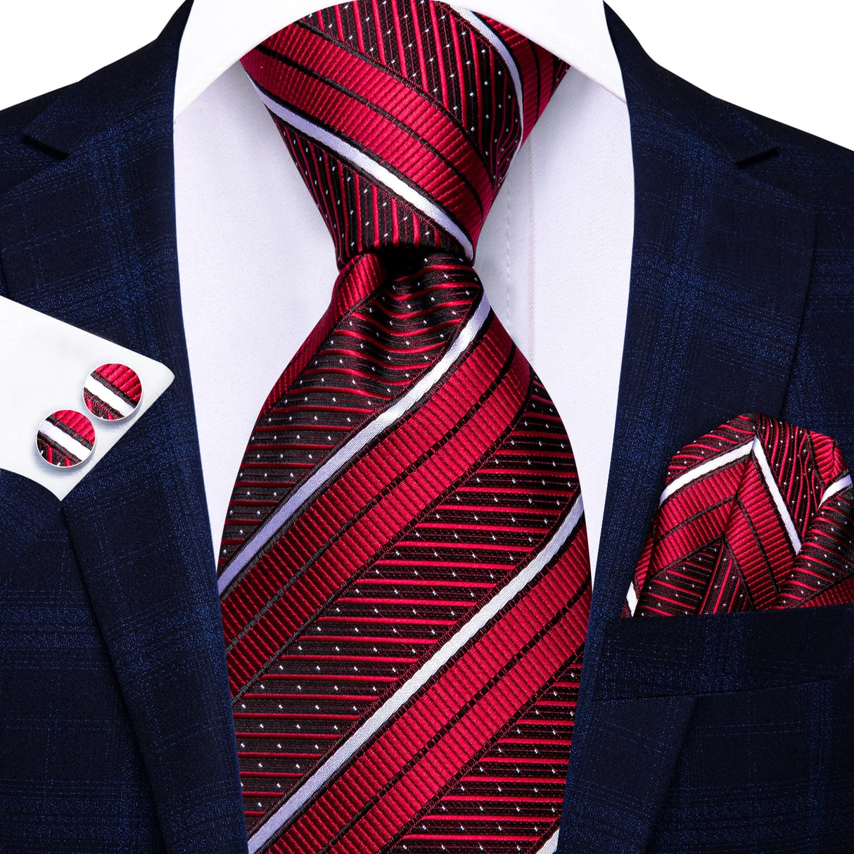 Red Elegant Dot Hanky Cufflink Silk Necktie