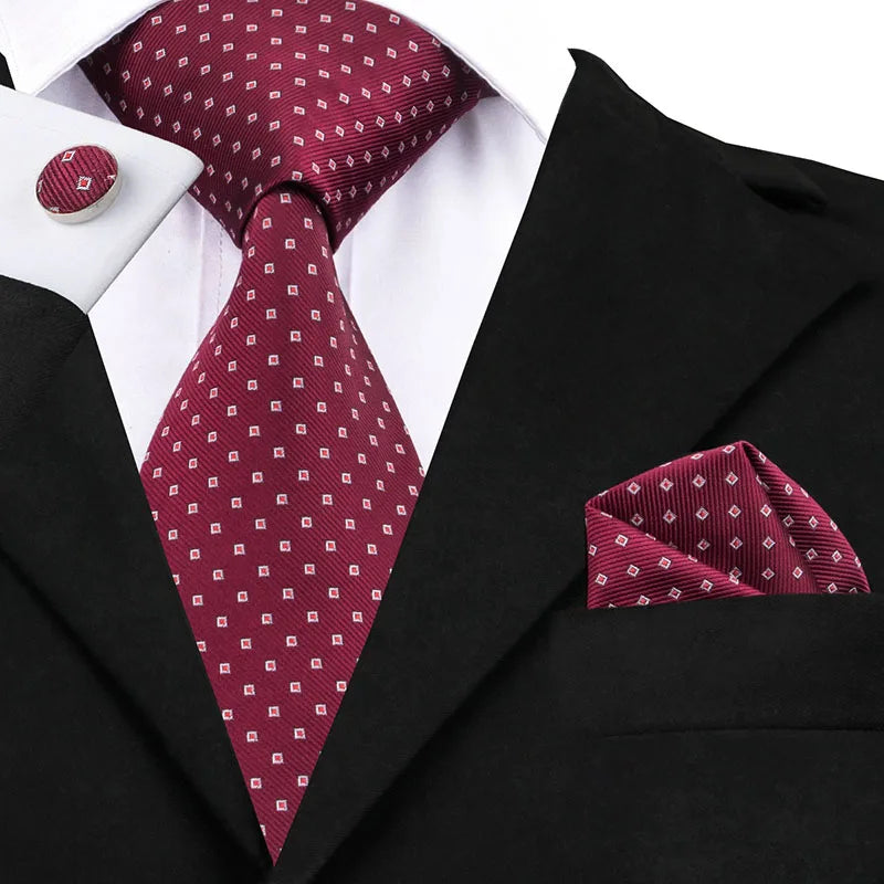 Red Elegant Dot Hanky Cufflink Silk Necktie