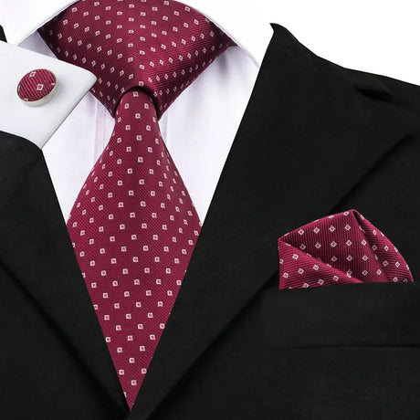 Red Elegant Dot Hanky Cufflink Silk Necktie