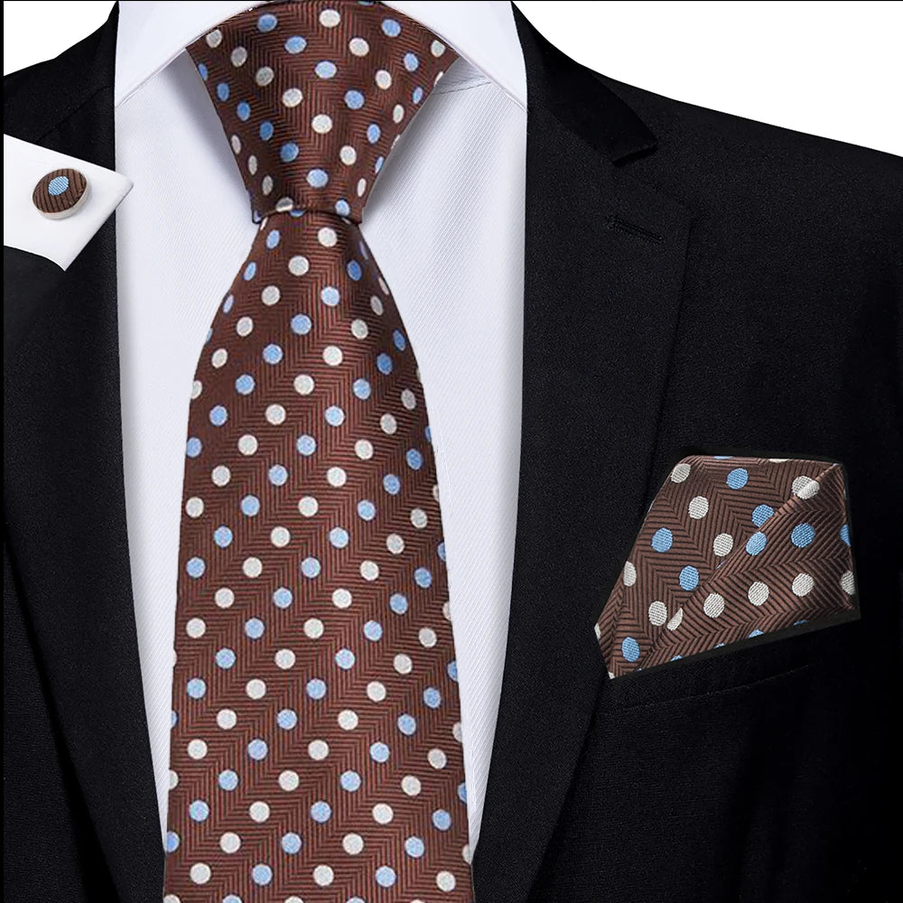 Brown Elegant Dot Hanky Cufflink Silk Necktie