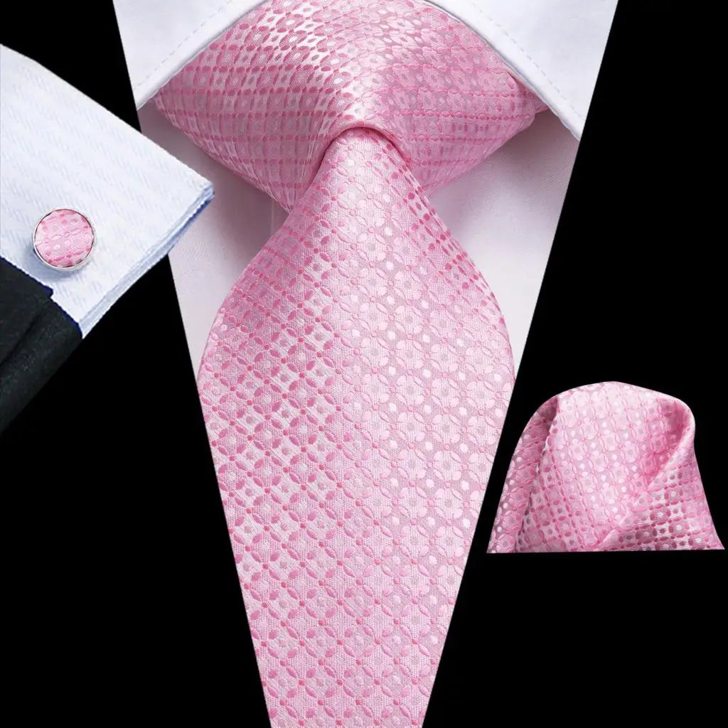 Pink Elegant Dot Hanky Cufflink Silk Necktie